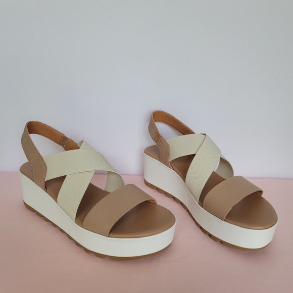 SOREL Cameron Flatform Slingback Leather/Fabric Sandals-Honest Beige/Chalk Size9 - Picture 7 of 16